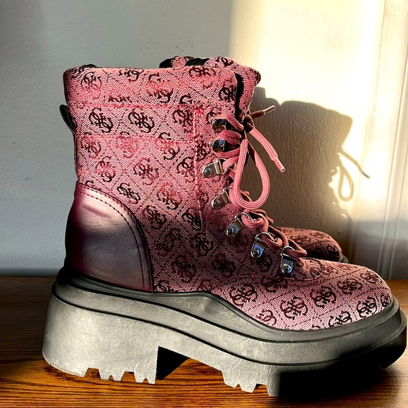 Guess Combat Boots Ankle Boots Lace-up Chunky Dark Red, Women’s Sz 7 - Picture 5 of 13